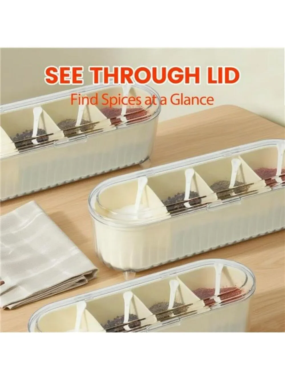 Clear spice organizer box with 4 compartments lids and spoons kitchen storage se